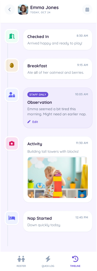Littles Notebook staff timeline with check-in, meals, staff-only notes, and nap